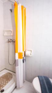 a bathroom with a shower curtain next to a toilet at Olga Studios - 1 in Tsilivi