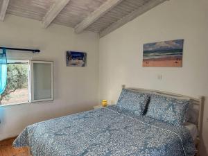 a bedroom with a bed with a blue comforter and a window at Ostria spiti in Aígio