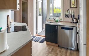 a kitchen with a sink and a refrigerator at Lovely Home In Hadsund With Sauna in Haslevgårde +8 photos