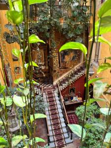 Una escalera en un edificio con muchas plantas. en Europe Hôtel, en Castres