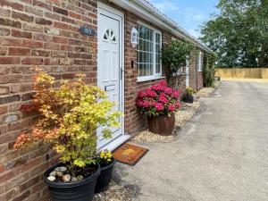 a brick house with potted plants and a door at Ivy - Uk47373 in Burgh le Marsh