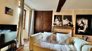a living room with a couch with pillows at Maison Coup de Cœur in Beaune