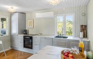 een keuken met witte apparatuur en een tafel met een fruitmand bij Pet Friendly Home In Rødby With Wifi in Kramnitse