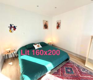 a bedroom with a green bed in a room at Louisa - Spacieux en Plein centre - Places gratuites - 1er étage in Auch