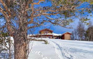 a house in the snow with a tree in the foreground at Stunning Home In Oppdal With Sauna in Fagerhaug +8 photos