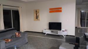 a living room with a couch and a flat screen tv at Chez Philo et Marc in Somone