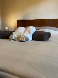 ein Bett mit zwei Kissen darauf in der Unterkunft Mer & Bois de Cise Maison individuelle avec grand jardin in Ault