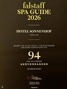 Certifikát, hodnocení, plakát nebo jiný dokument vystavený v ubytování Sonnenhof Resort Bayerischer Wald