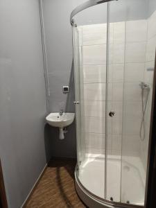 a bathroom with a shower and a sink at Noclegi Słowackiego 6 in Wałbrzych +12 photos