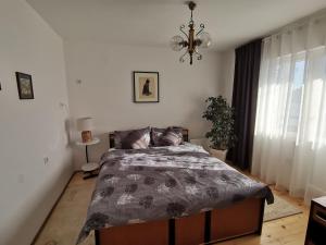 Un dormitorio con una cama y una lámpara de araña. en Apartman Sigma, en Nova Varoš