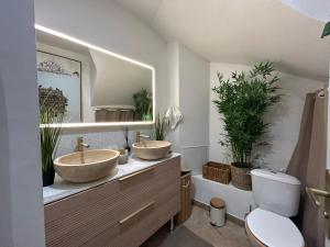 a bathroom with two sinks and plants on the counter at Love room - 5 min train station - Jacuzzi - Netflix - Clim in Avignon +8 photos