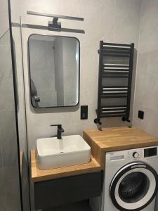 a bathroom with a sink and a washing machine at Ruczaj Cozy Room in Krakow