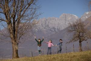 trois personnes debout sur une colline avec leurs mains dans l'air dans l'établissement Agriturismo Villa di Modolo - Cortile della Latteria, à Belluno 45 autres photos