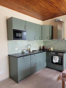 a kitchen with gray cabinets and a sink at Casa Paolina in Premeno +10 photos