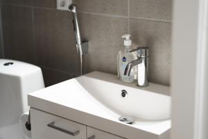 a bathroom with a sink and a shower at Aurora suites with AIR CONDITIONING in Rovaniemi +18 photos