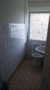 a bathroom with a toilet and a window at Möblierte Zimmer mit Gemeinschaftsküchen und Wohnungen in Thüringen Wald in Ohrdruf +82 photos