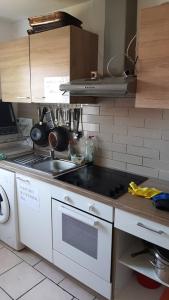 une cuisine avec un évier et une cuisinière four supérieur dans l'établissement Möblierte Zimmer mit Gemeinschaftsküchen und Wohnungen in Thüringen Wald, à Ohrdruf 81 autres photos