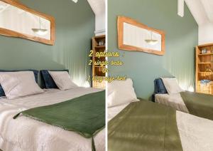 a bedroom with two beds with a window and a mirror at Tout est neuf dans ce beau Duplex pour 6 à 7p vue lagon in Marigot