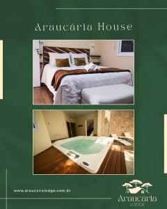 two pictures of a hotel room with a hot tub at Araucária Lodge - 800 metros do Capivari in Campos do Jordão