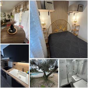 a collage of pictures of a kitchen and a room at Le Moorea T2 climatisé piscine in Balaruc-les-Bains