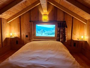 Un dormitorio con una cama grande con ventana. en Cabane Insolite de la Semine, en La Pesse