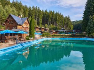 a large swimming pool in front of a house at Chalet Luxe Timber Lodge & Pet Retreat by Interhome in Mladé Buky