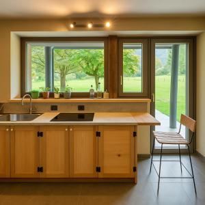 een keuken met een spoelbak en een raam bij Rèfol Lodge Val di Ledro in Pur