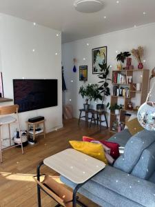 a living room with a blue couch and a tv at Charming 2 room appartement in Paris