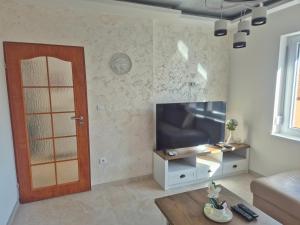 - un salon avec une télévision et une porte dans l'établissement AeroLux Apartments-Surčin, Near Belgrade Airport, à Surčin 10 autres photos