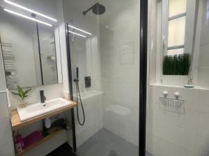 a white bathroom with a shower and a sink at Très beau et grand T2, jardin et terrasse in Biarritz