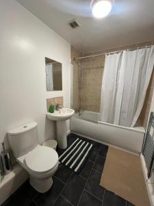Stylish 2 bed Duplex Apartment - Birmingham في برمنغهام: حمام مع مرحاض ومغسلة ودش