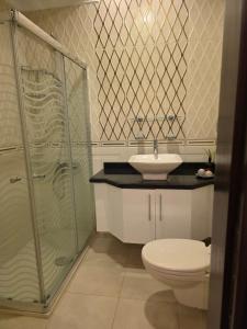 a bathroom with a shower and a toilet and a sink at South B Paradise in Cairo +7 photos