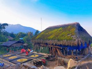 a hut with a grass roof with people standing outside at Thac so 6 homestay in Ha Giang