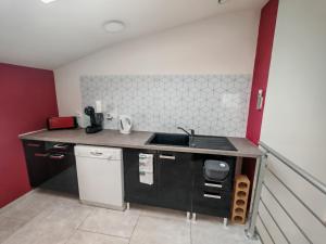 una pequeña cocina con encimera y fregadero en Levogien, en Hagécourt 1 foto más