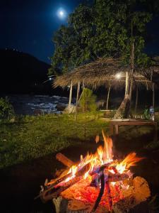a fire pit in the grass near the water at night at Attic Cottage - Country Club Resorts Balakot in Bālākot