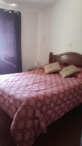 ein Bett mit einer roten Bettdecke und zwei Kissen darauf in der Unterkunft Casa con jardín y vista al cerro en Portezuelo Salta in Salta + 5 Fotos