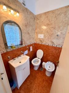 a bathroom with a sink and a toilet and a mirror at Depto sobre Peatonal San Martin, Mar del Plata in Mar del Plata +11 photos