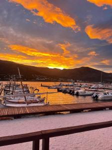 a group of boats docked in a marina at sunset at La Cantonada in Port de la Selva