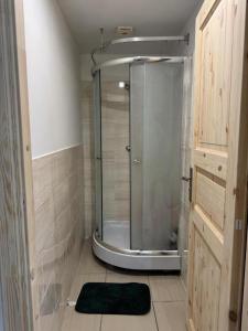ein Badezimmer mit Dusche mit grünem Teppich in der Unterkunft Affordable & Cozy Room In Riga Centre - Shared Facilities in Riga