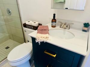 a bathroom with a sink and a toilet and a shower at Short North Convention King Bed Free Parking! in Columbus +17 photos