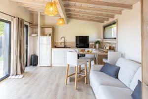 Una sala de estar con un sofá y una cocina. en Bergerie bien être, en Vaivre-et-Montoille