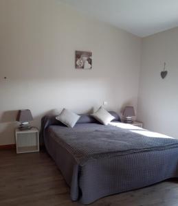 a bedroom with a large bed with two lamps at Gîte Pic de Cluzel in Saurier