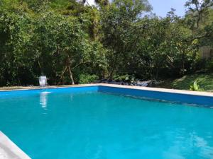 a large blue swimming pool with trees in the background at Sapiens house la cabaña del Reloj in Cali