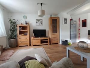 Una sala de estar con un sofá y un televisor en Onkel Franz, en Ohlsbach
