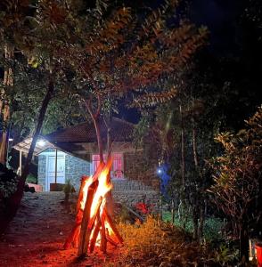 a fire pit in front of a house at night at Jungle retreat waterfalls in Kodaikānāl