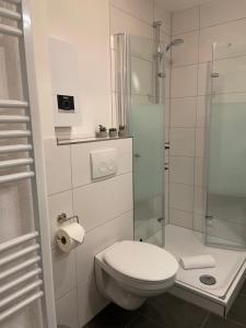 a bathroom with a toilet and a glass shower at FeWo Diemelblick in Diemelsee +28 photos
