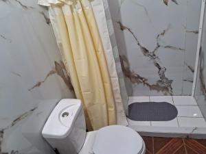 La salle de bains est pourvue de toilettes blanches et d'un rideau de douche. dans l'établissement casa acogedora, à Melipeuco