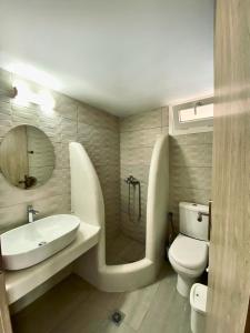 a bathroom with a shower and a toilet and a sink at Venetos Studios in Livadi Astypalaias