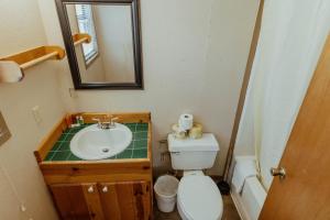 un bagno con lavandino, WC e specchio di Frio Country #19 a Concan Altre 18 foto