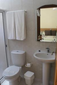 ein Badezimmer mit einem WC, einem Waschbecken und einem Spiegel in der Unterkunft Casa Os Manos in Santana